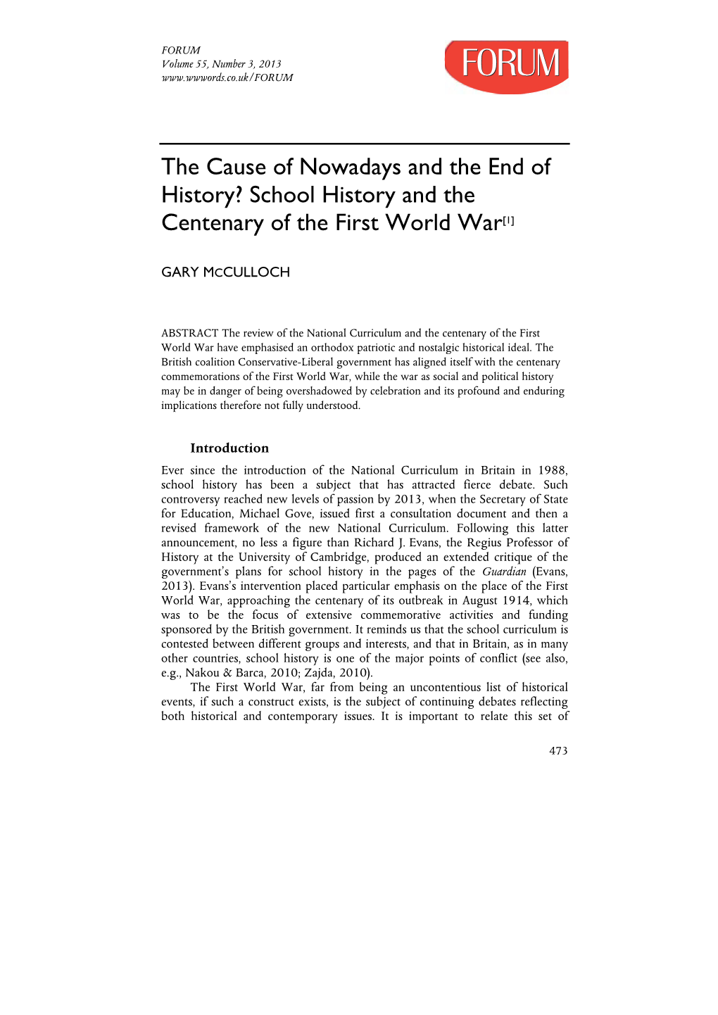 The Cause of Nowadays and the End of History? School History and the Centenary of the First World War[1]