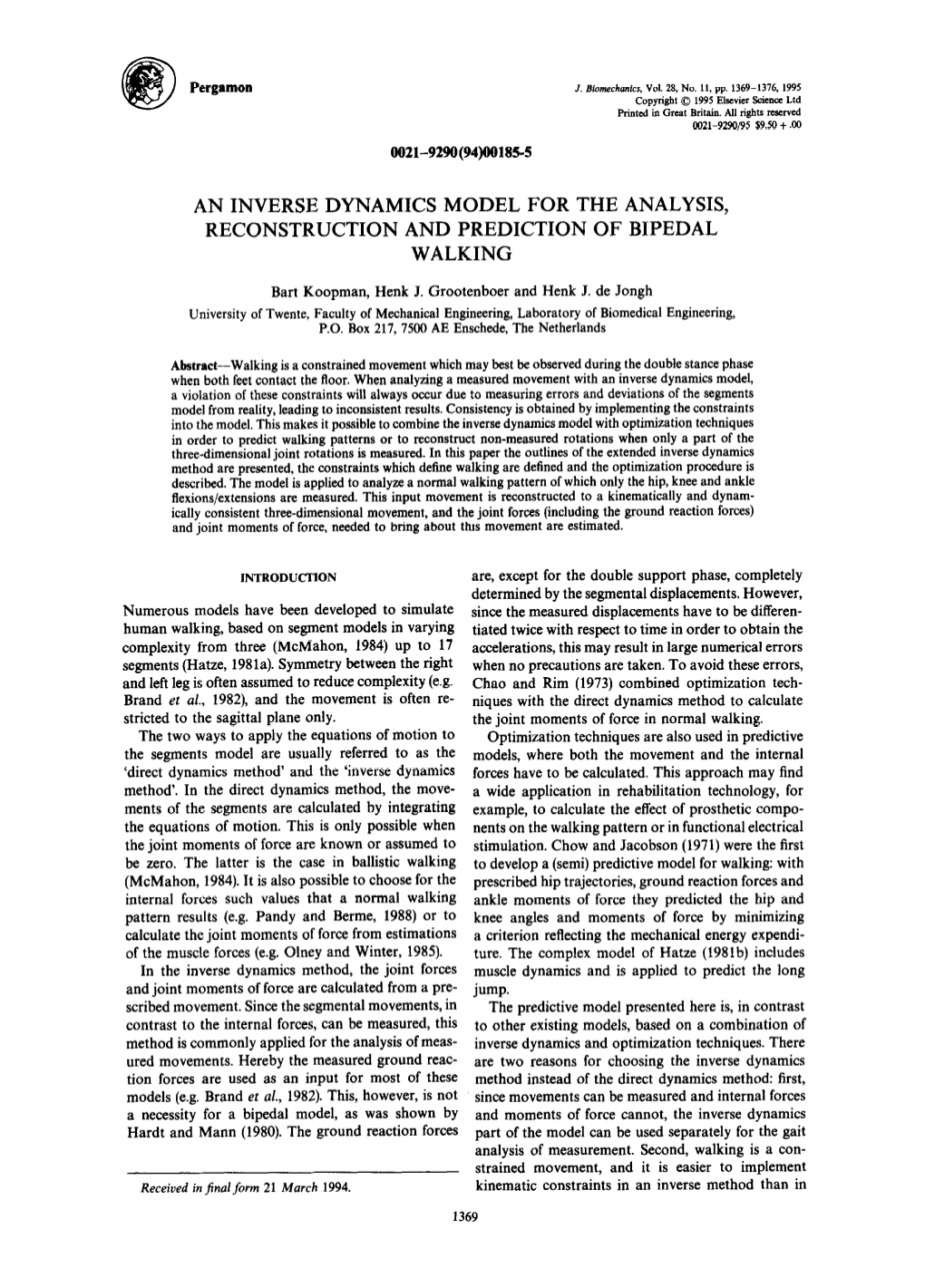 An Inverse Dynamics Model for the Analysis, Reconstruction and Prediction of Bipedal Walking