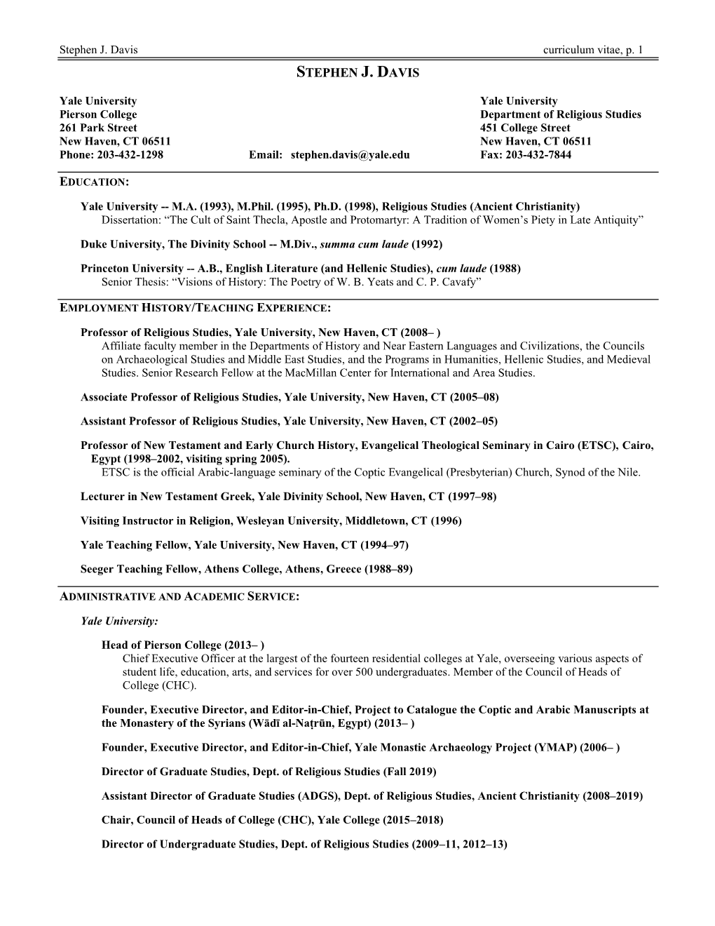 Stephen J. Davis Curriculum Vitae, P