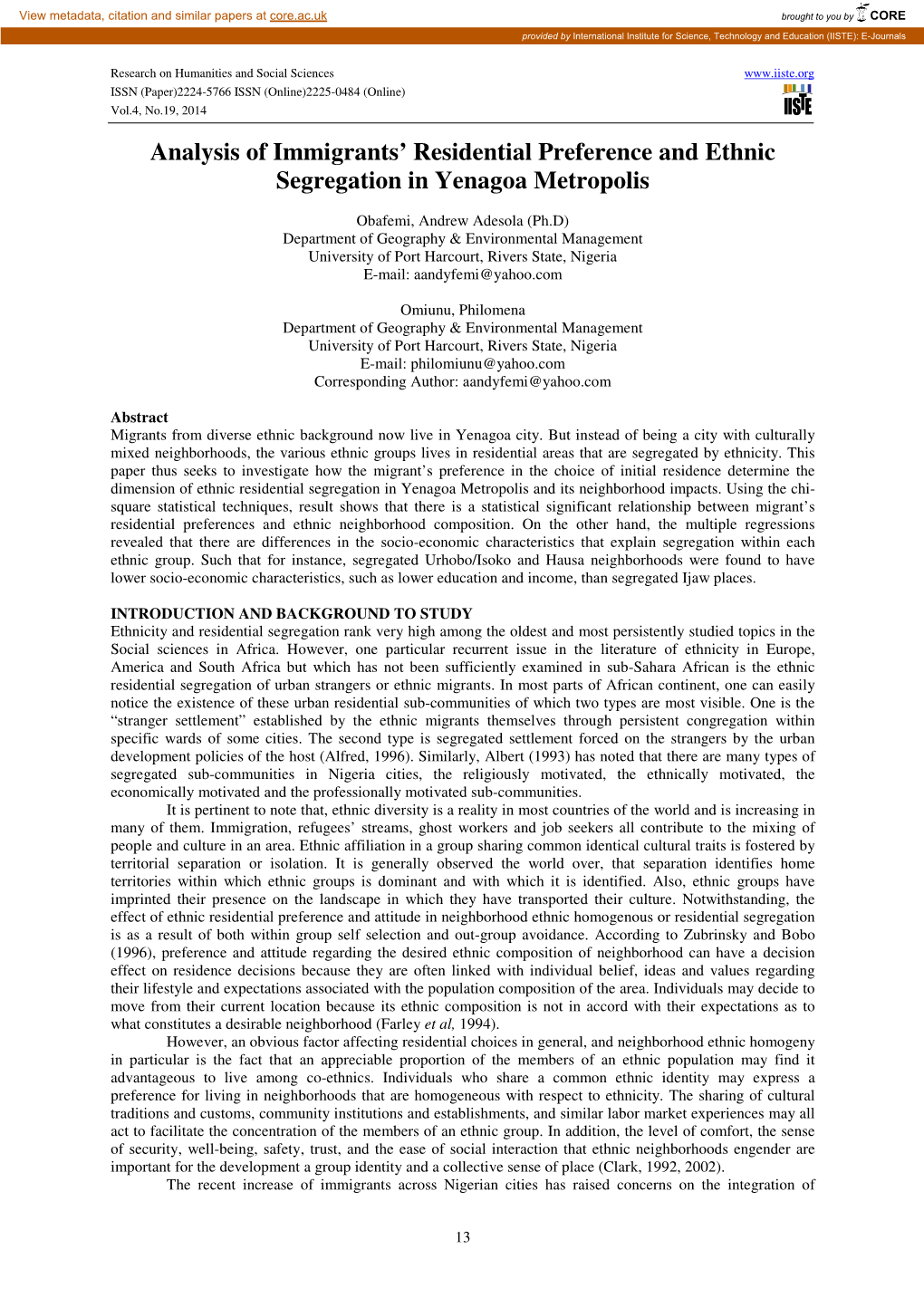 Analysis of Immigrants' Residential Preference and Ethnic Segregation