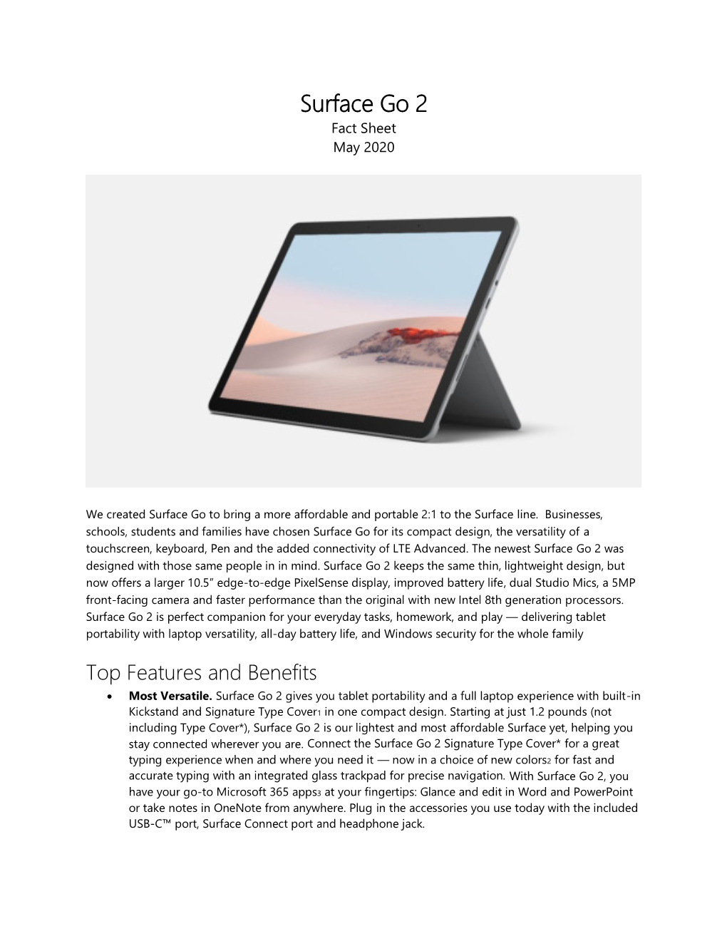 Surface Go 2 Fact Sheet May 2020