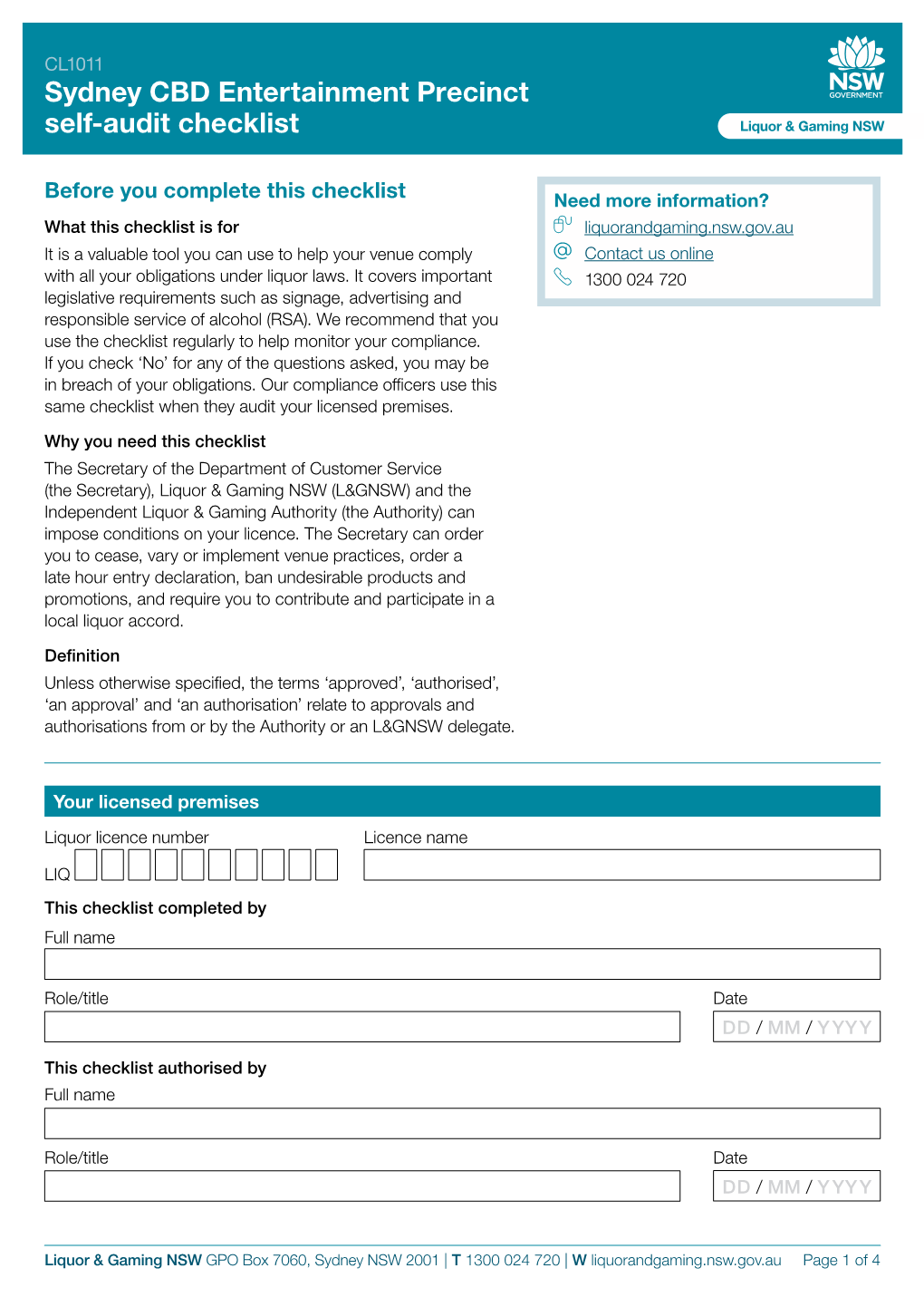 CL1011 Sydney CBD Entertainment Precinct Self-Audit Checklist PDF, 699.99 KB