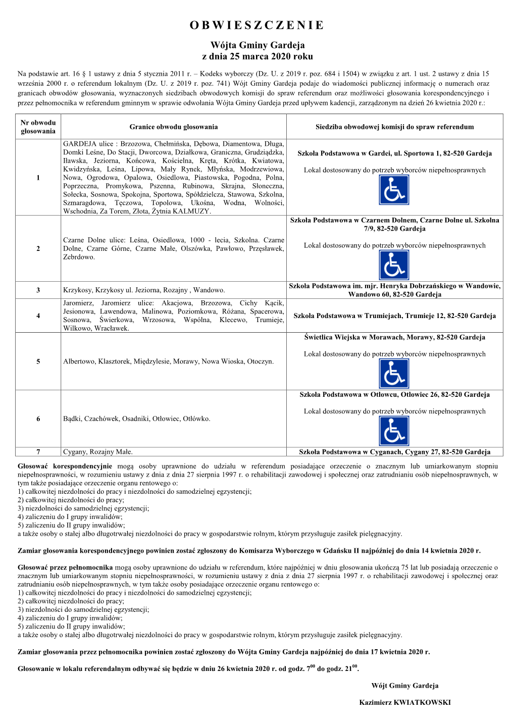 OBWIESZCZENIE Wójta Gminy Gardeja Z Dnia 25 Marca 2020 Roku