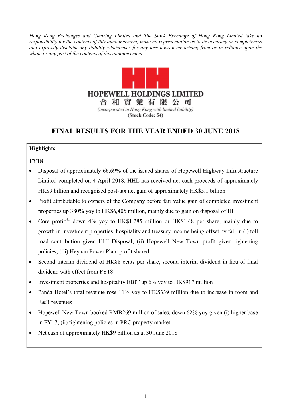 Final Results for the Year Ended 30 June 2018