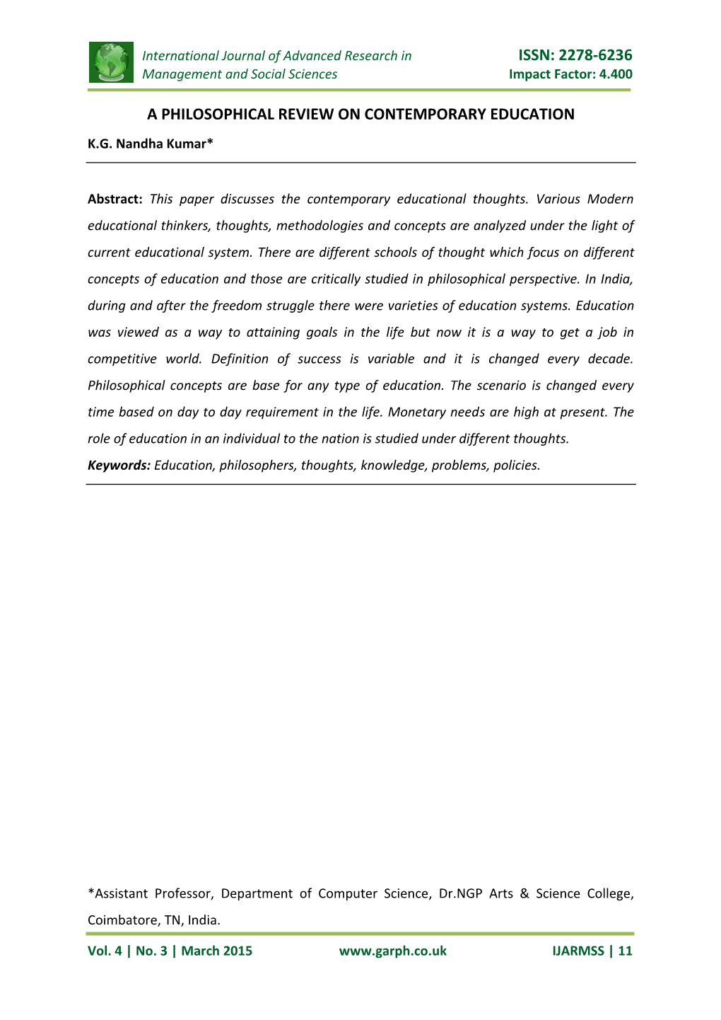 Issn: 2278-6236 a Philosophical Review on Contemporary