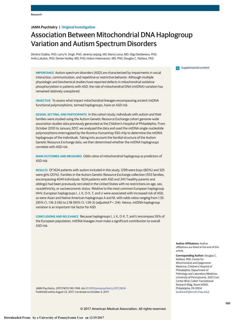 Association Between Mitochondrial DNA Haplogroup Variation and Autism Spectrum Disorders