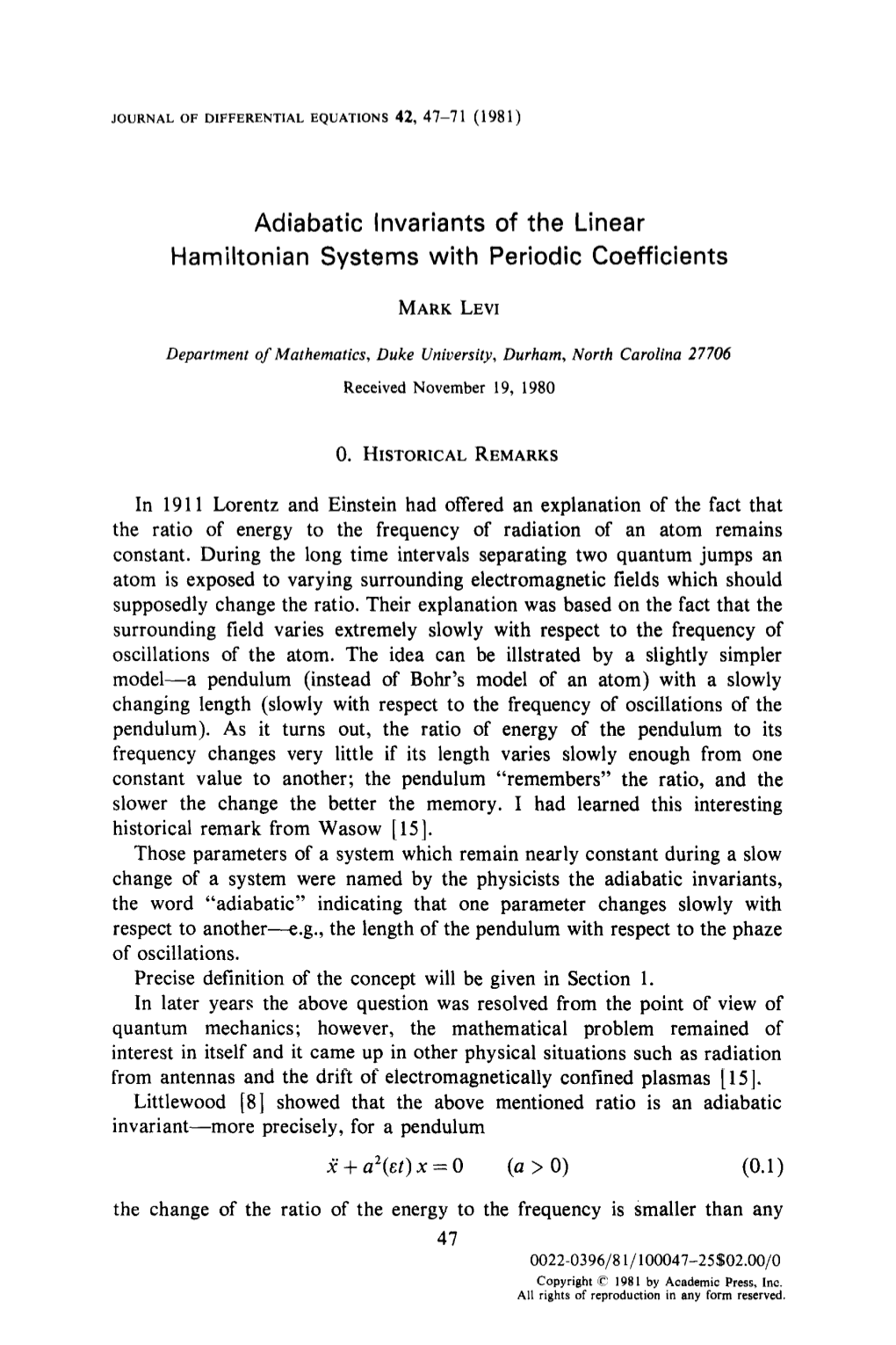 Adiabatic Invariants of the Linear Hamiltonian Systems with Periodic Coefficients