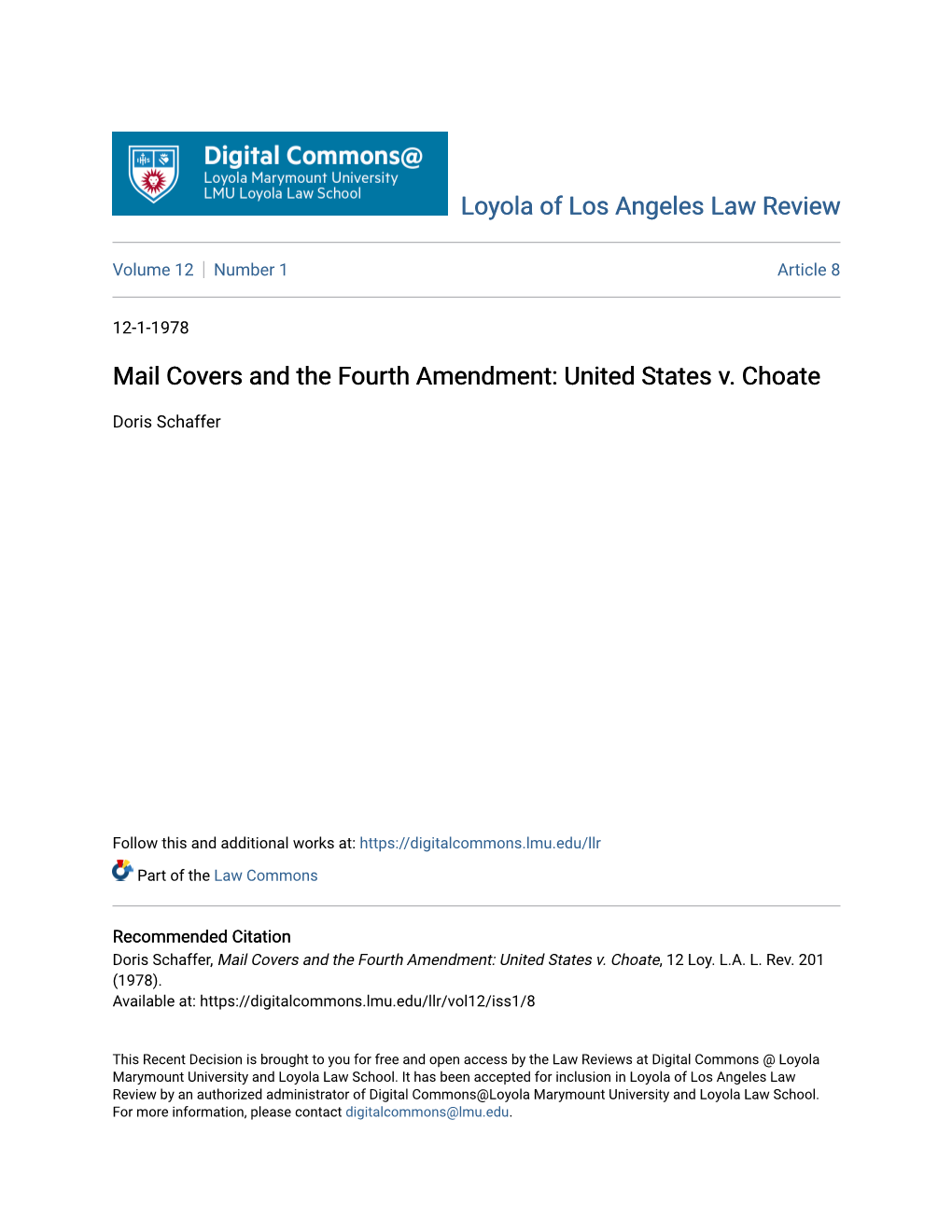 Mail Covers and the Fourth Amendment: United States V. Choate