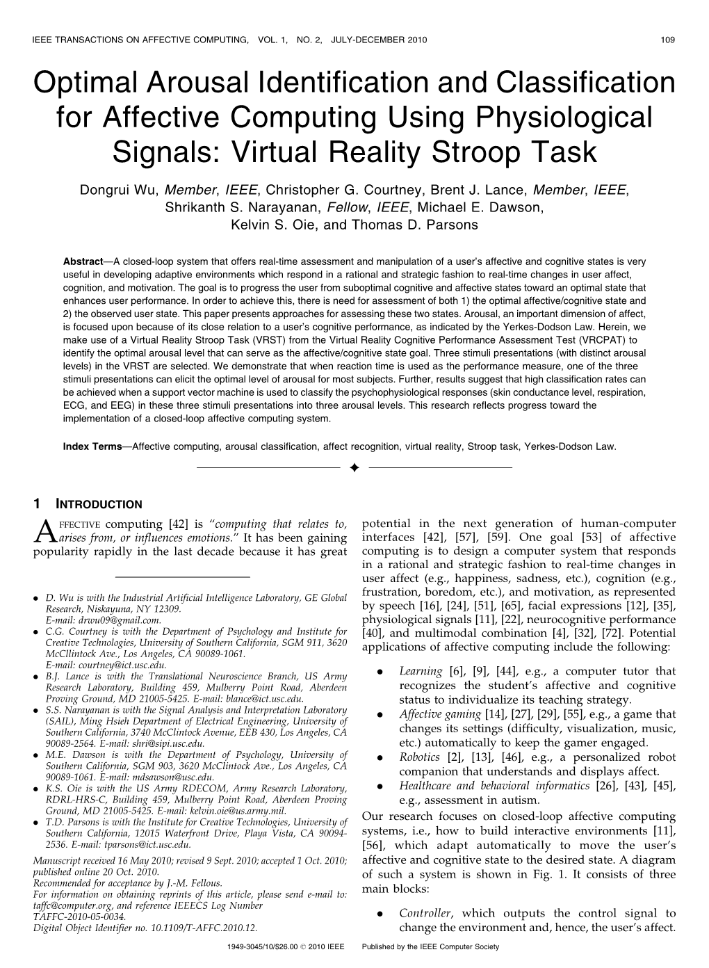 Optimal Arousal Identification and Classification for Affective Computing Using Physiological Signals: Virtual Reality Stroop Task