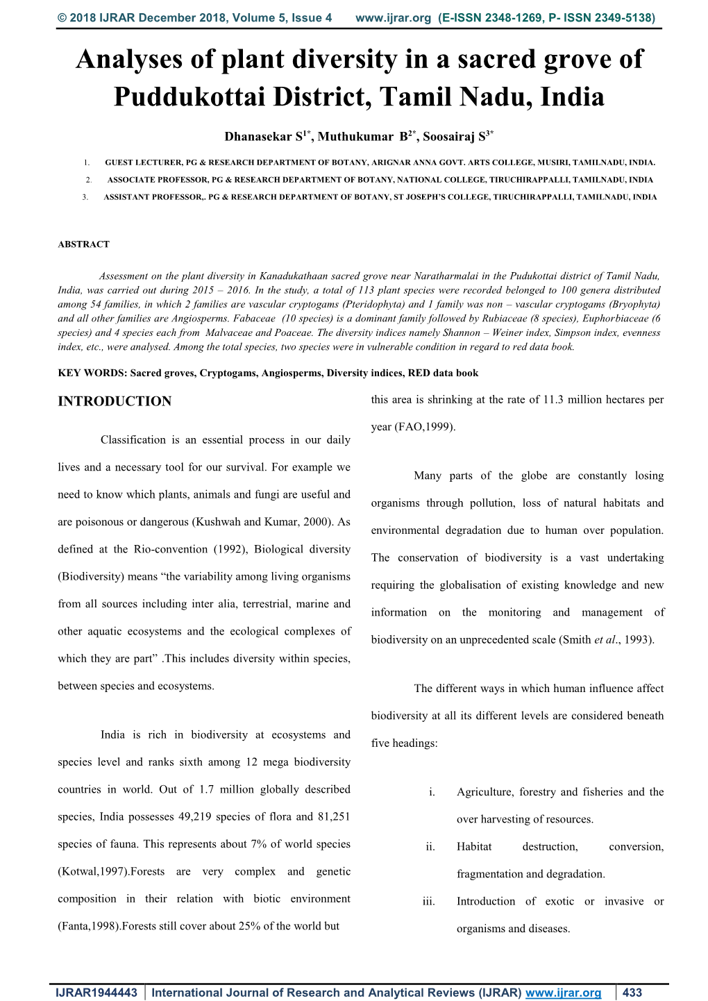 Analyses of Plant Diversity in a Sacred Grove of Pudukkottai District, Tamil