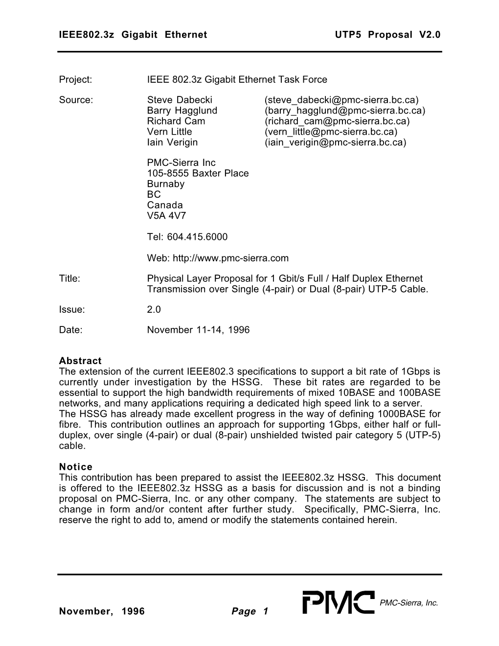 IEEE802.3Z Gigabit Ethernet UTP5 Proposal V2.0 November, 1996