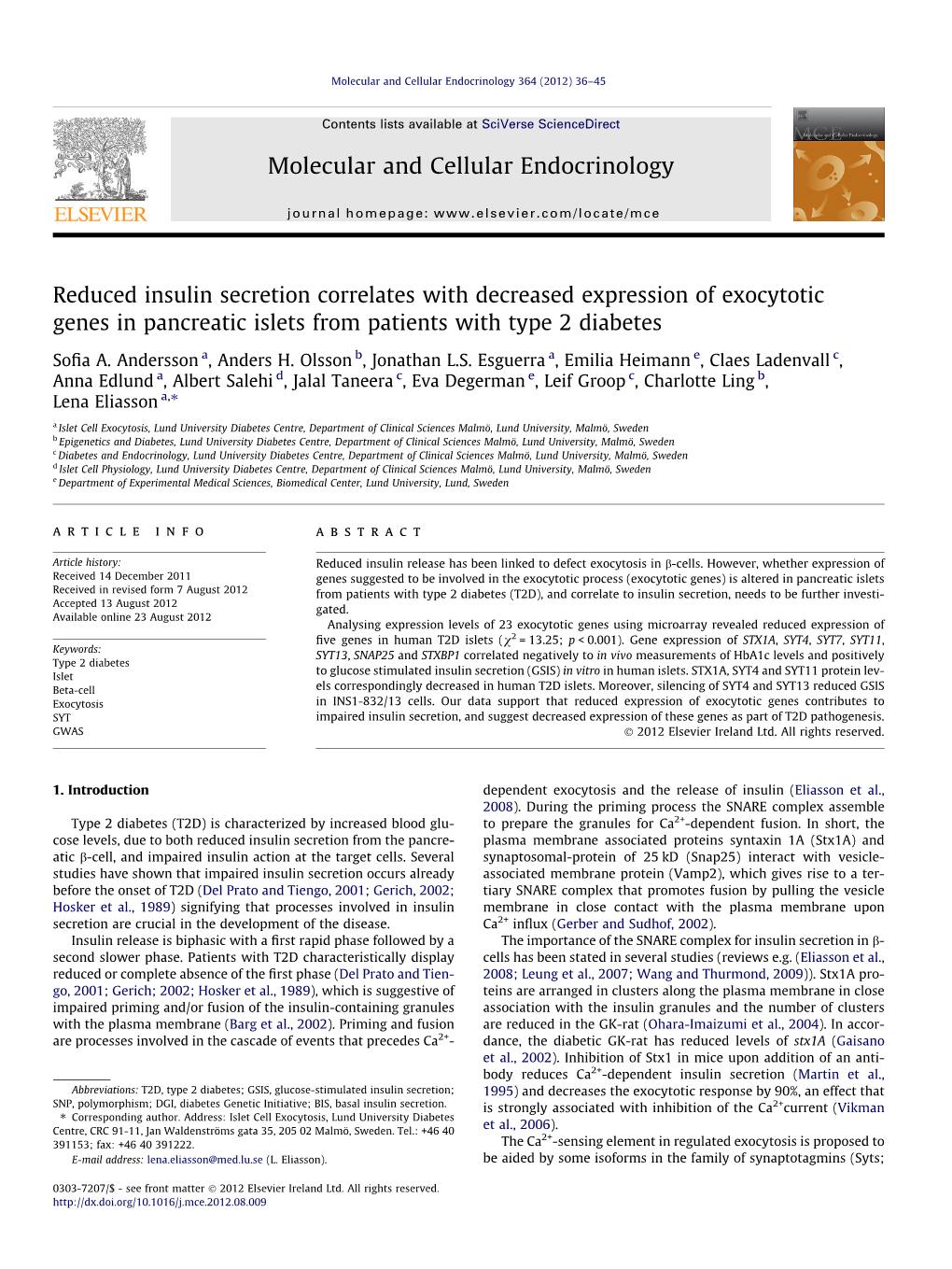 Reduced Insulin Secretion Correlates with Decreased Expression of Exocytotic Genes in Pancreatic Islets from Patients with Type 2 Diabetes