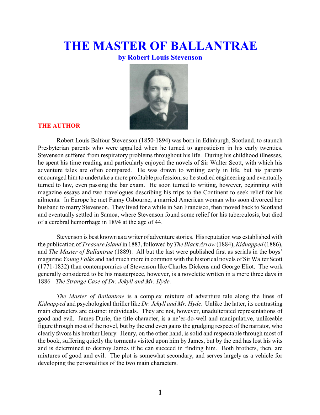 THE MASTER of BALLANTRAE by Robert Louis Stevenson