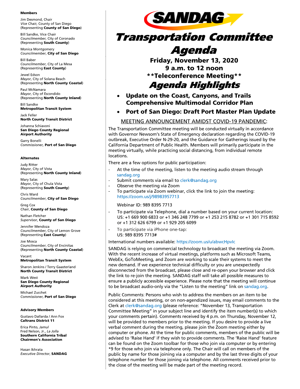 Agenda Bill Baber Friday, November 13, 2020 Councilmember, City of La Mesa (Representing East County) 9 A.M