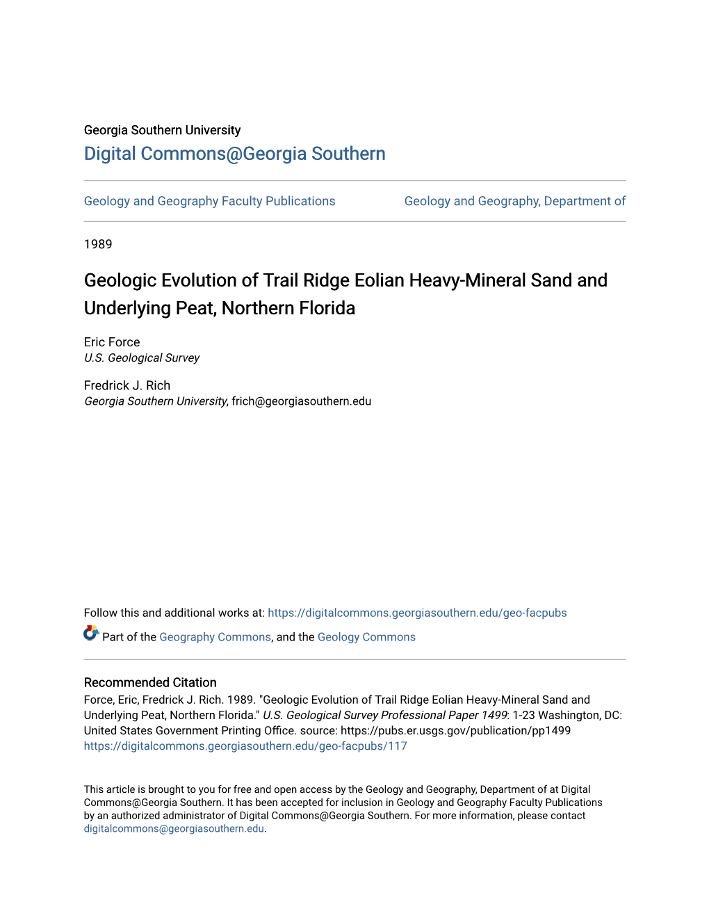 Geologic Evolution of Trail Ridge Eolian Heavy-Mineral Sand and Underlying Peat, Northern Florida