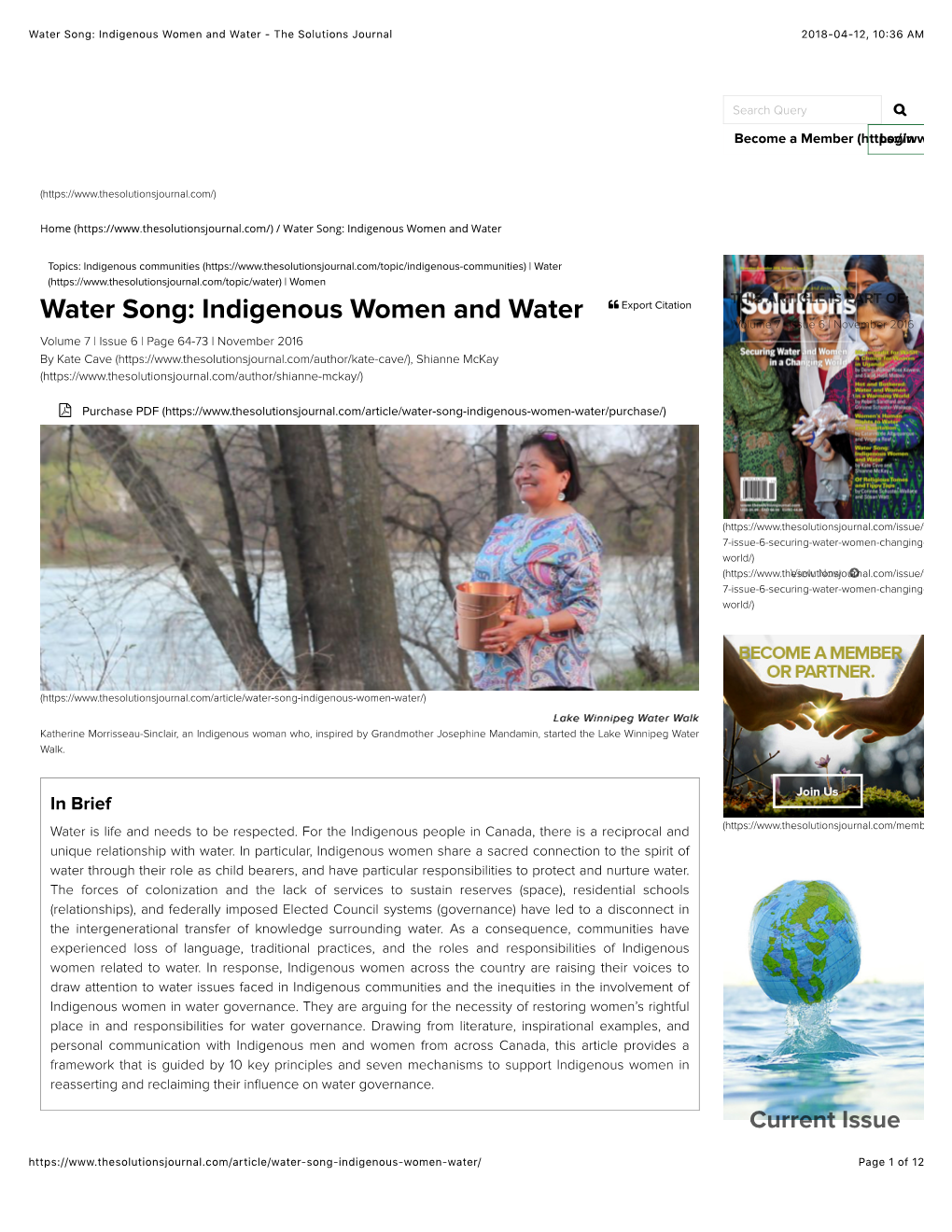 Water Song: Indigenous Women and Water - the Solutions Journal 2018-04-12, 10�36 AM
