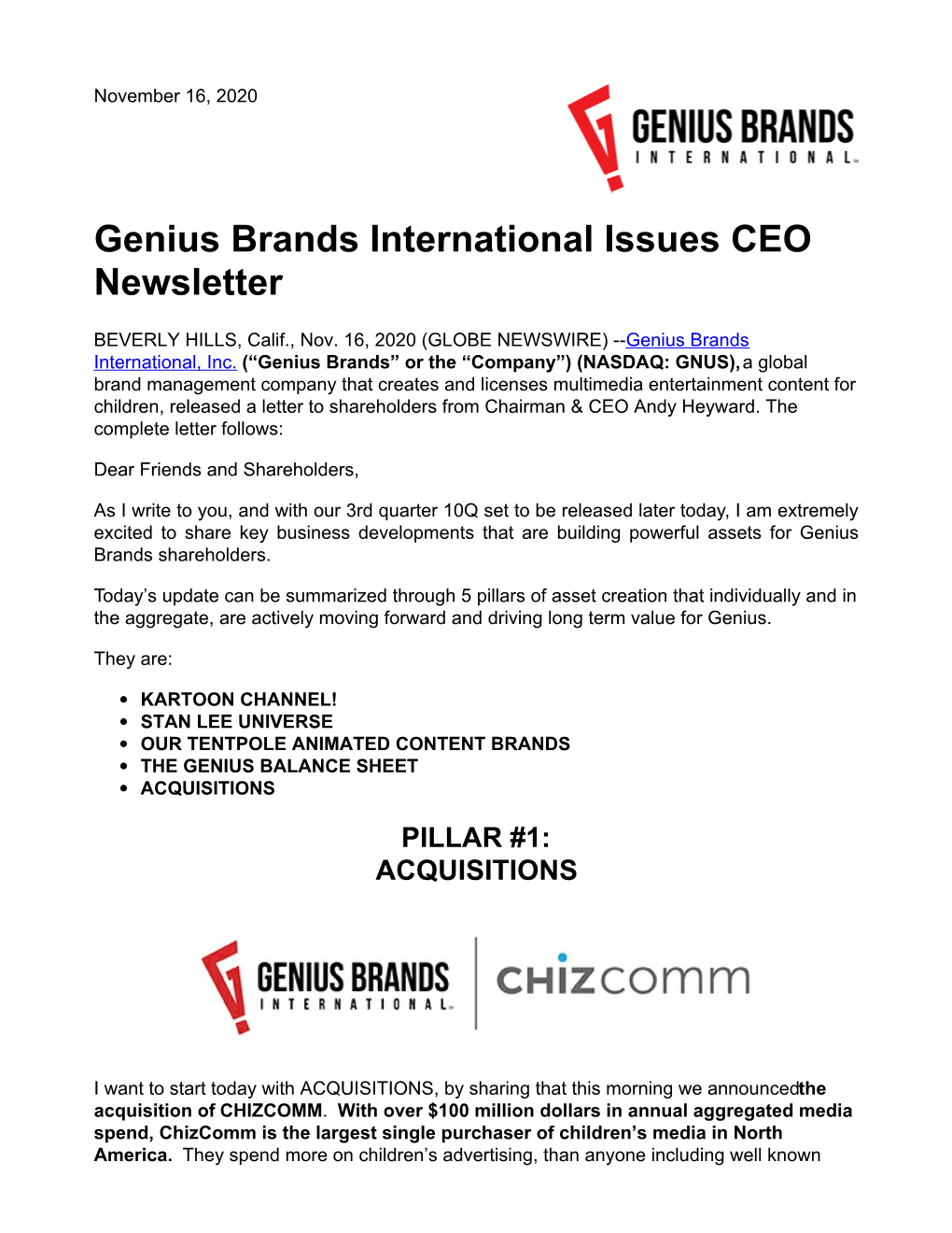Genius Brands International Issues CEO Newsletter