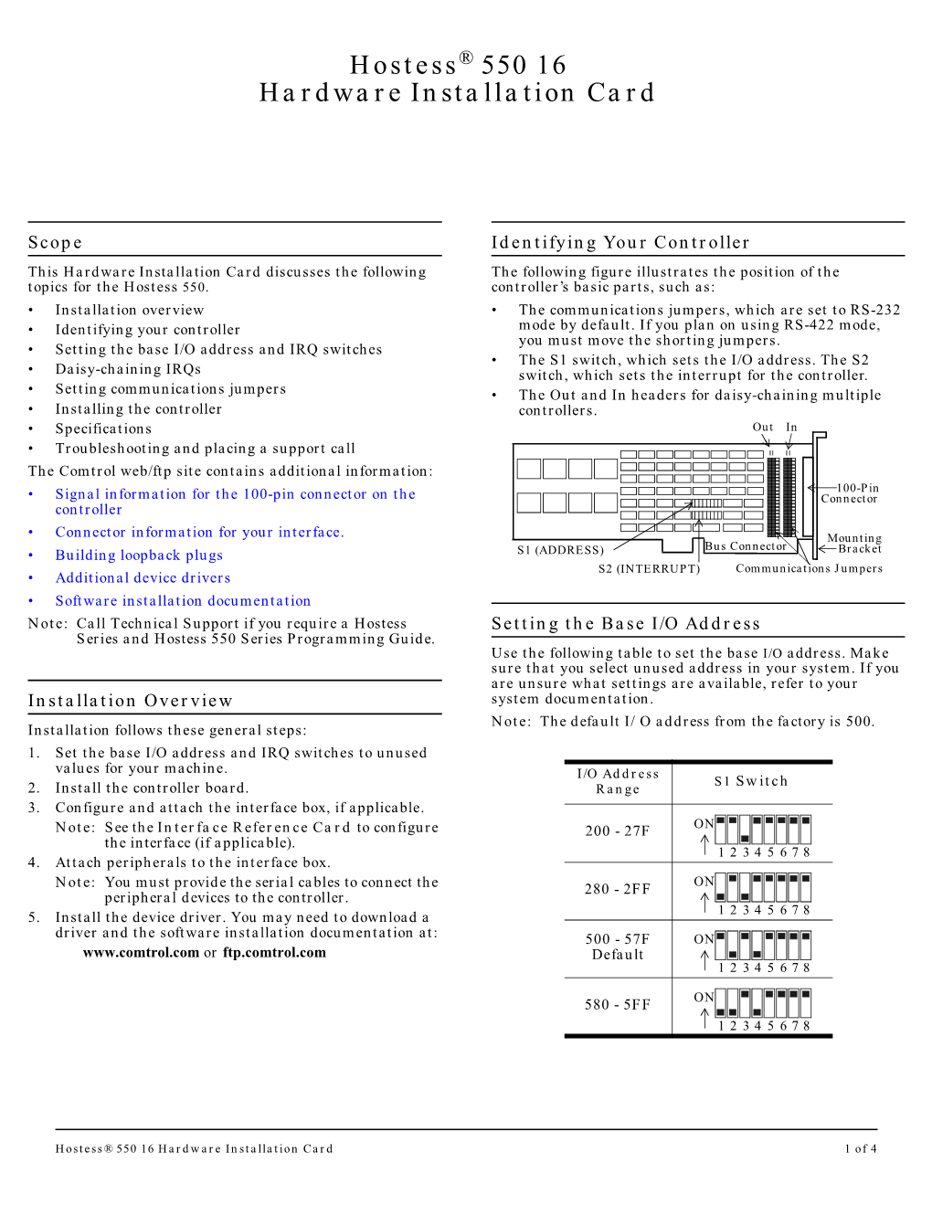 Hostess® 550 16 Hardware Installation Card