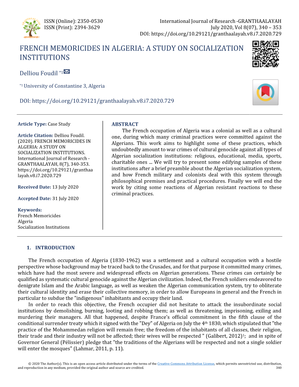 French Memoricides in Algeria: a Study on Socialization Institutions