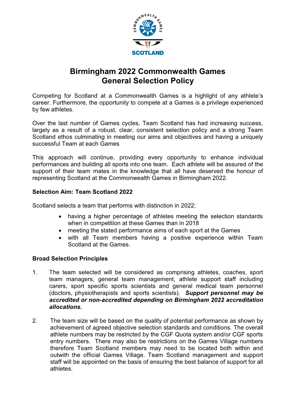 Birmingham 2022 Commonwealth Games General Selection Policy