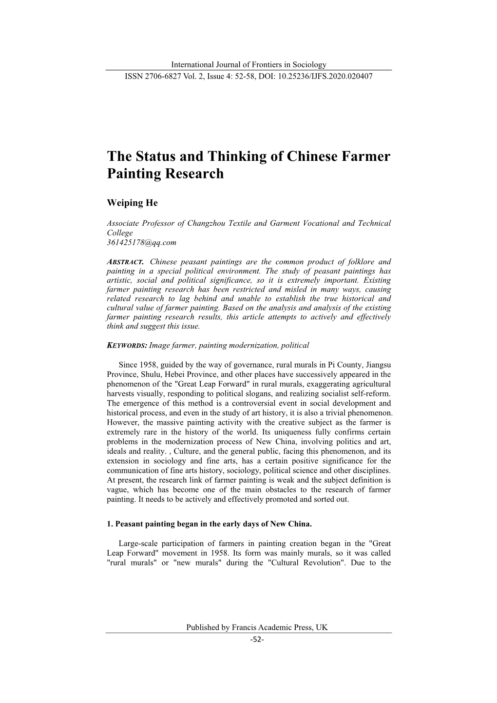 The Status and Thinking of Chinese Farmer Painting Research