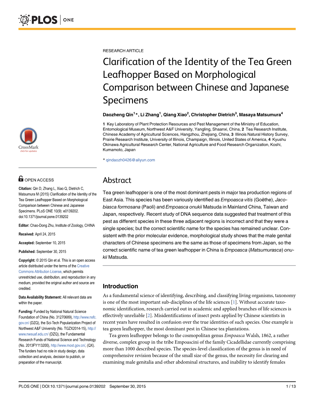 Clarification of the Identity of the Tea Green Leafhopper Based on Morphological Comparison Between Chinese and Japanese Specimens