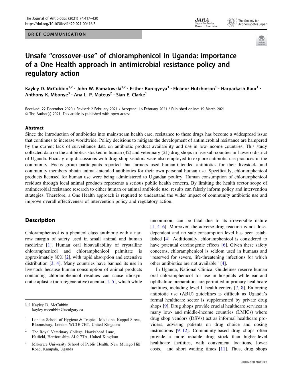 Unsafe Â€Œcrossover-Useâ€• of Chloramphenicol in Uganda