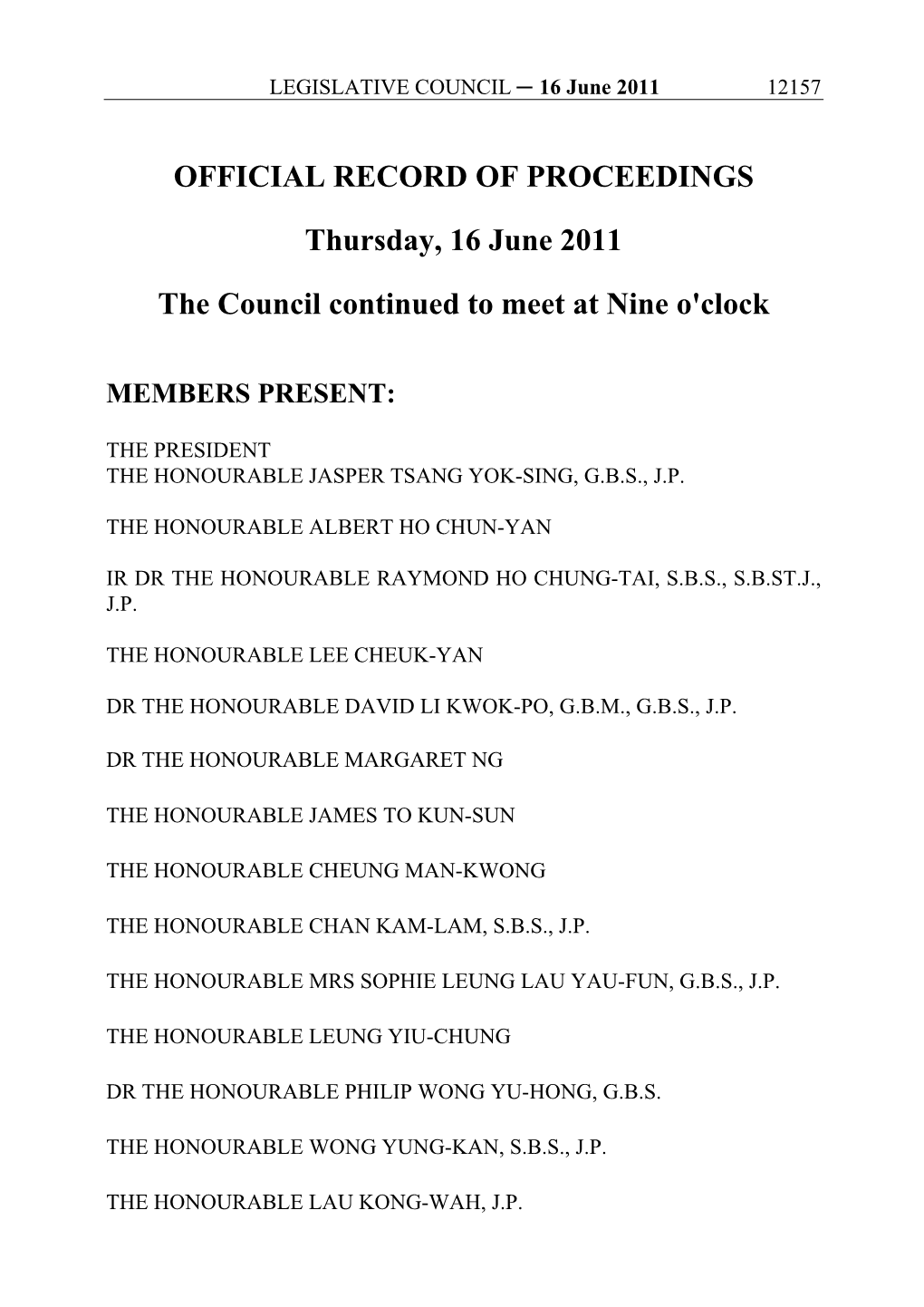 OFFICIAL RECORD of PROCEEDINGS Thursday, 16 June