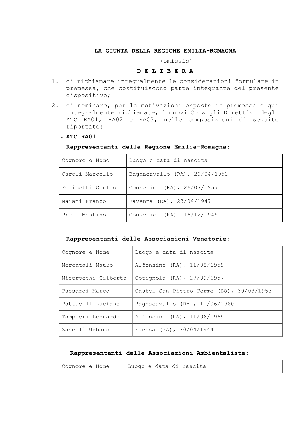 LA GIUNTA DELLA REGIONE EMILIA-ROMAGNA (Omissis) D E L I B E R a 1