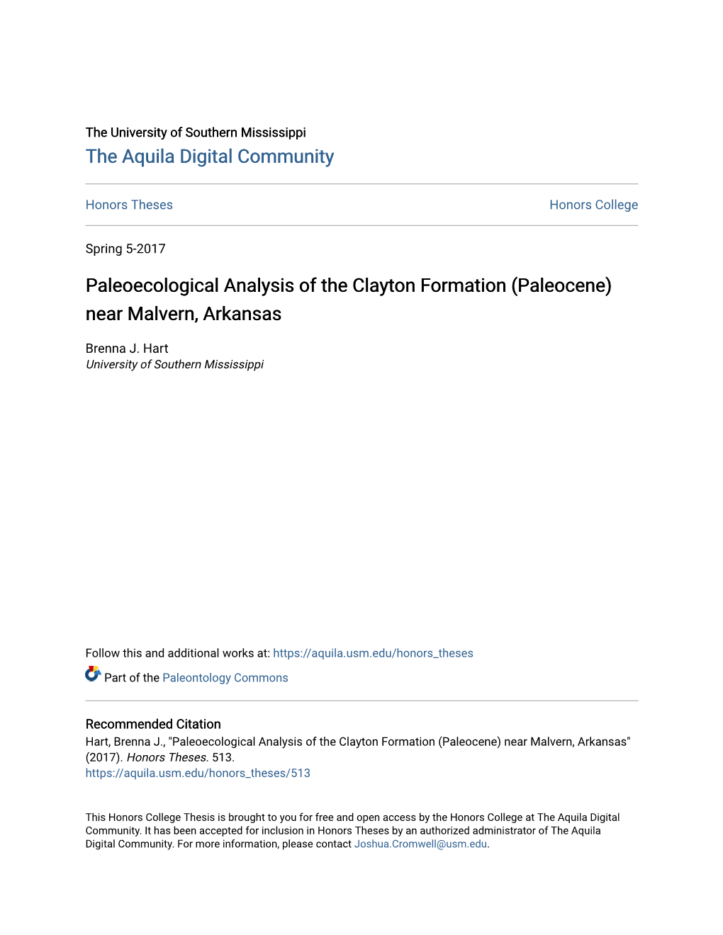 Paleoecological Analysis of the Clayton Formation (Paleocene) Near Malvern, Arkansas