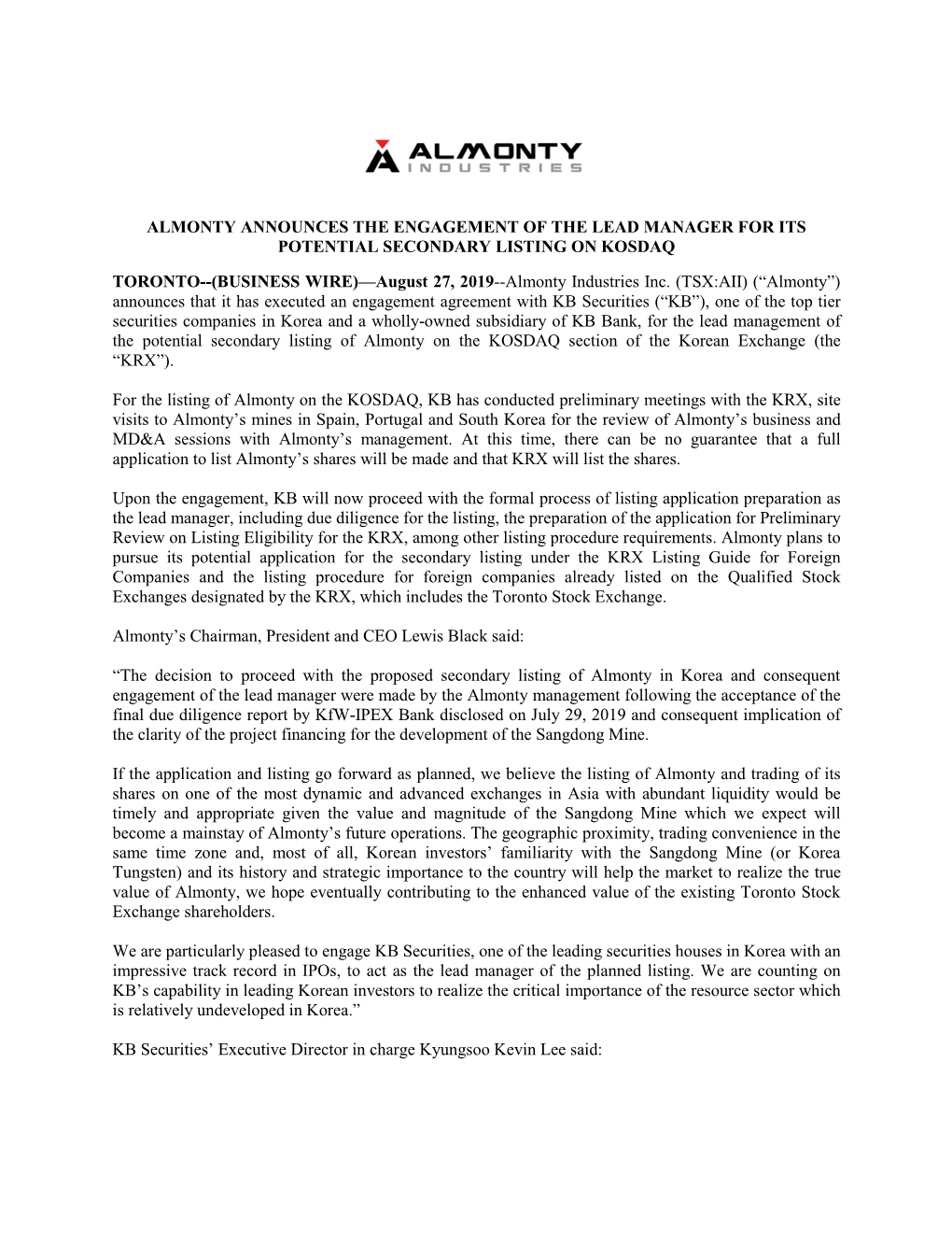 Almonty Announces the Engagement of the Lead Manager for Its Potential Secondary Listing on Kosdaq