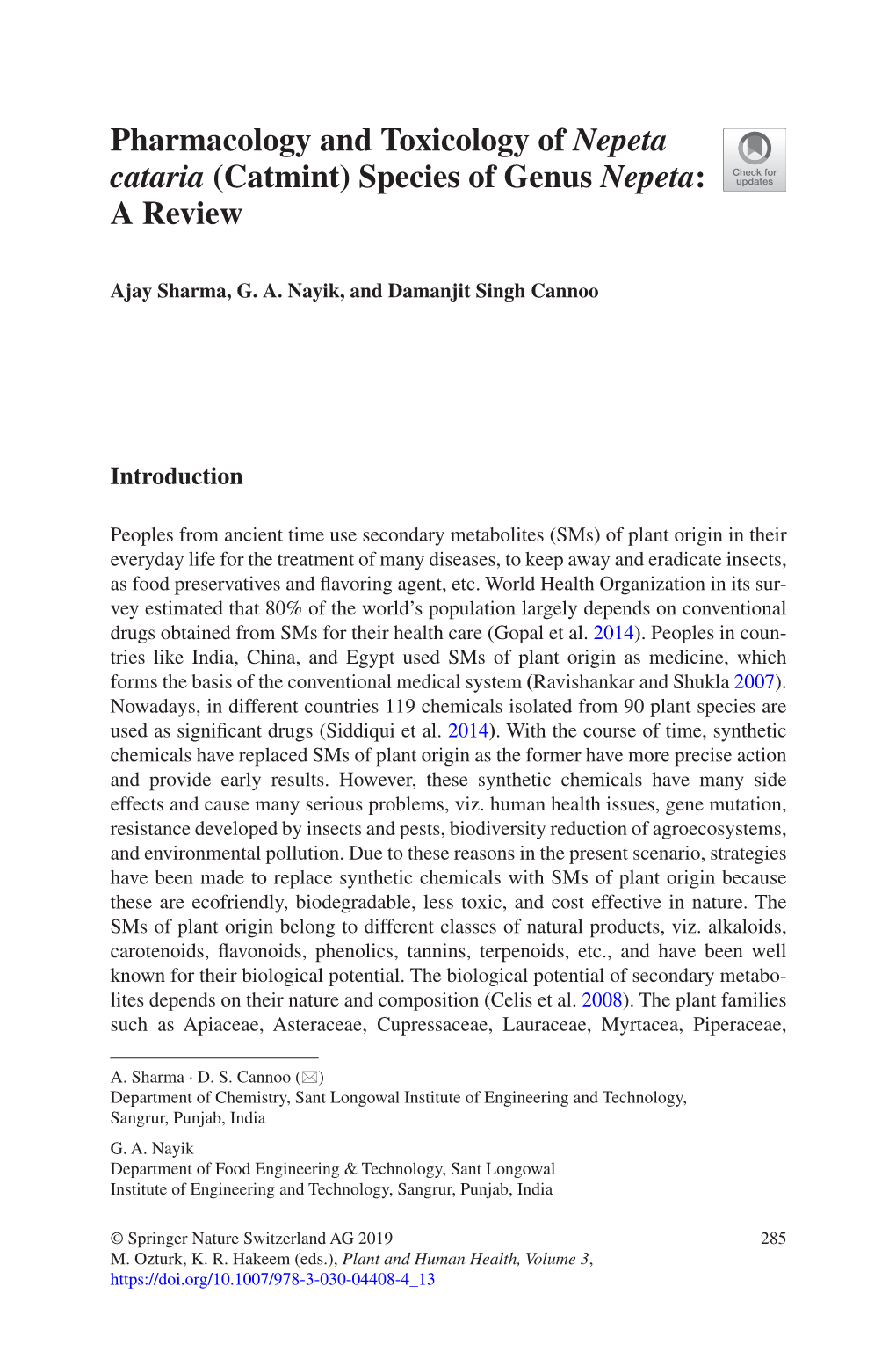 Pharmacology and Toxicology of Nepeta Cataria (Catmint) Species of Genus Nepeta: a Review