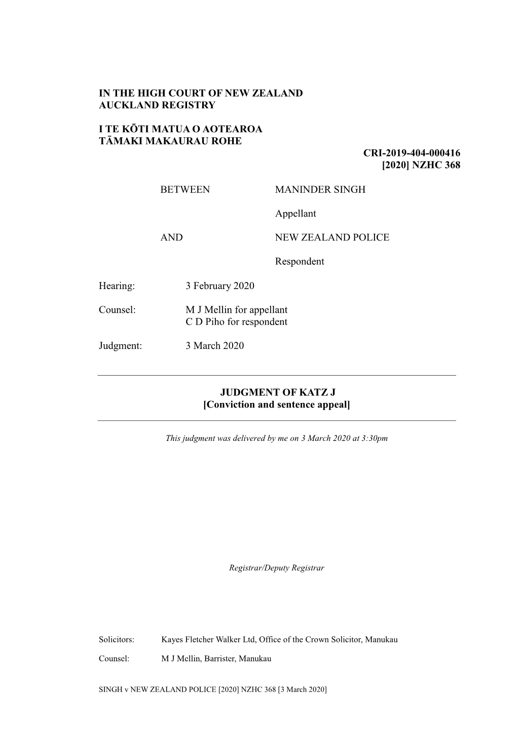 In the High Court of New Zealand Auckland Registry I Te Kōti Matua O Aotearoa Tāmaki Makaurau Rohe Cri-2019-404-000416 [2020]