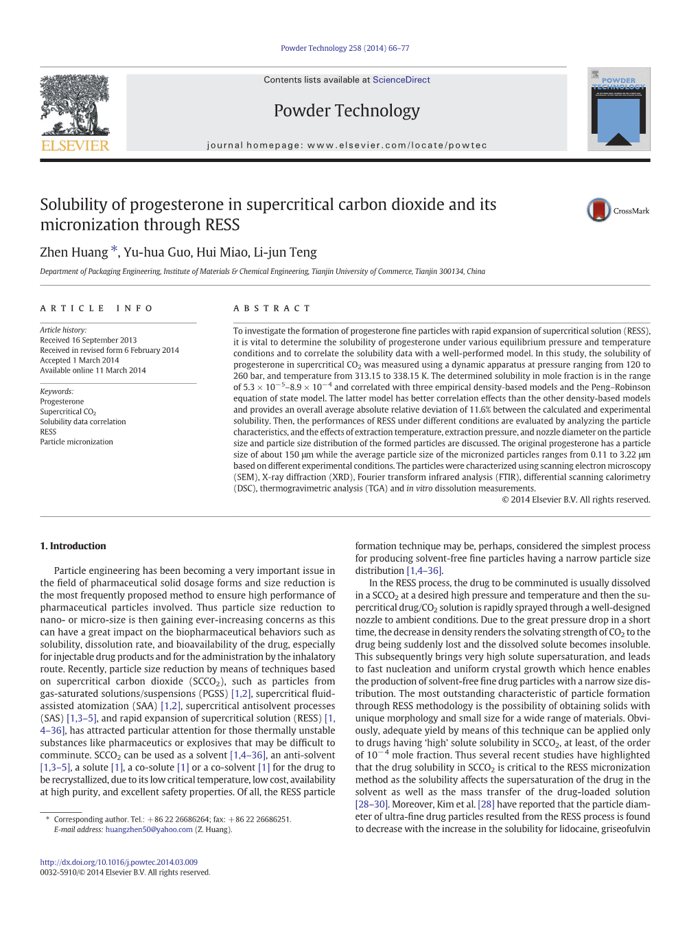 Solubility of Progesterone in Supercritical Carbon Dioxide and Its Micronization Through RESS