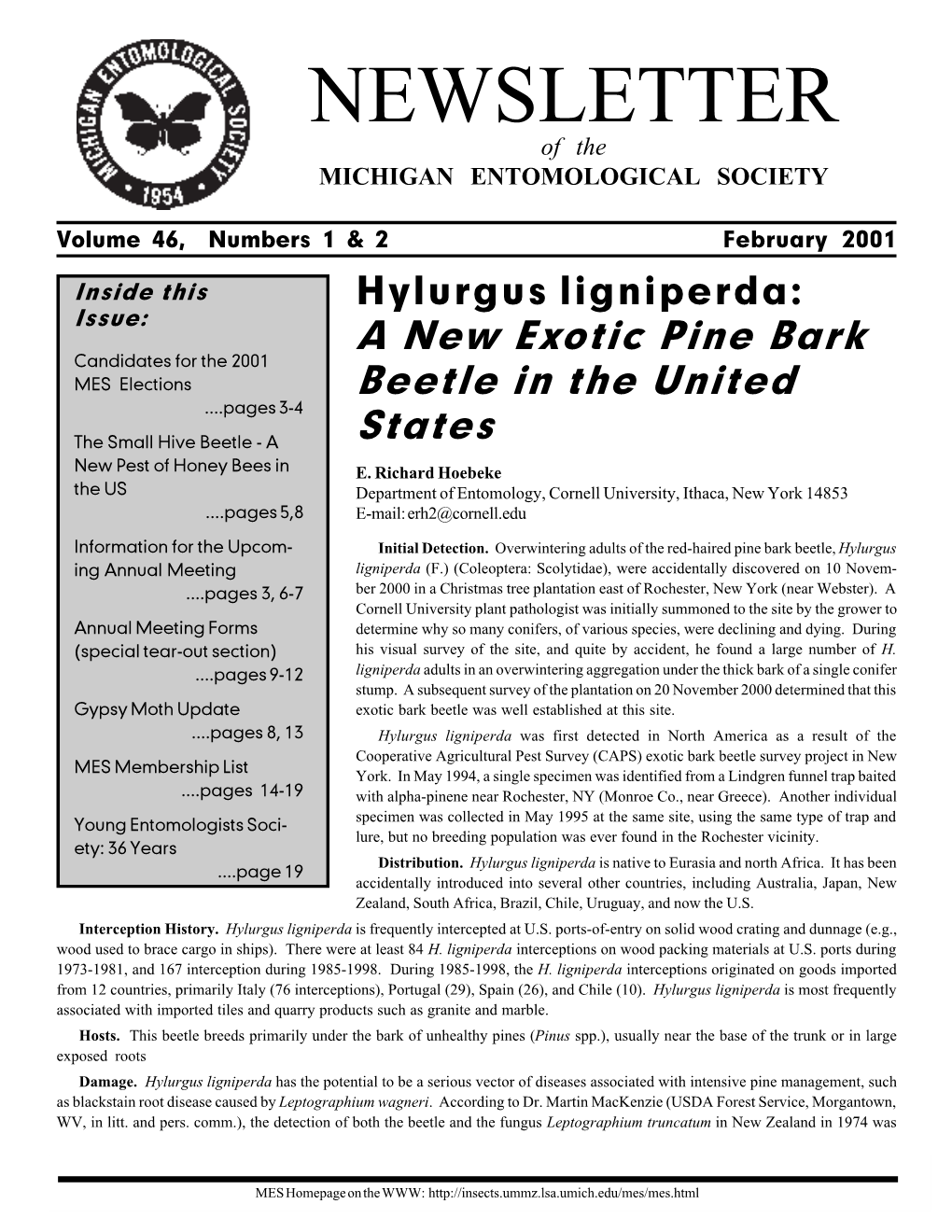 NEWSLETTER of the MICHIGAN ENTOMOLOGICAL SOCIETY