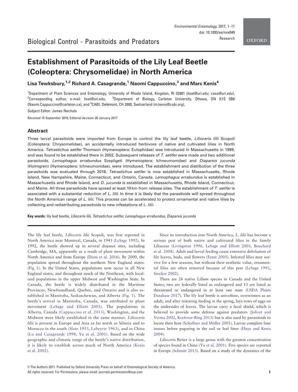 Establishment of Parasitoids of the Lily Leaf Beetle in North America