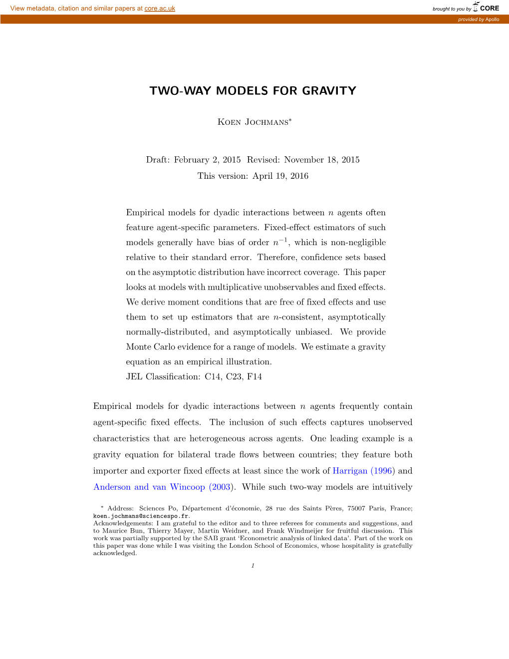 Two-Way Models for Gravity