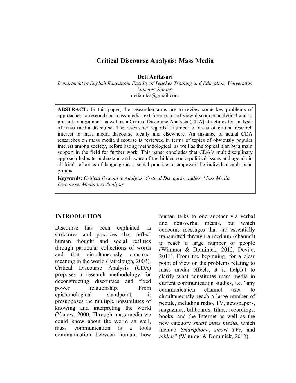 Critical Discourse Analysis: Mass Media