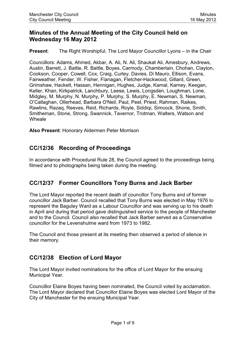 Minutes of the Annual Meeting of the City Council Held on Wednesday 16 May 2012