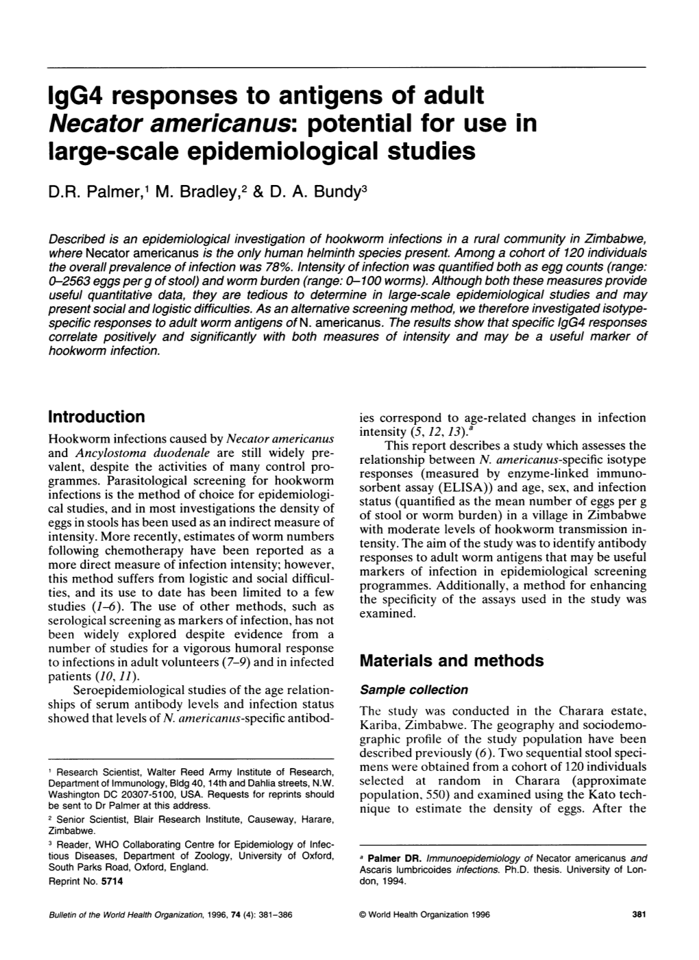 Igg4 Responses to Antigens of Adult Necator Americanus: Potential for Use in Large-Scale Epidemiological Studies D.R