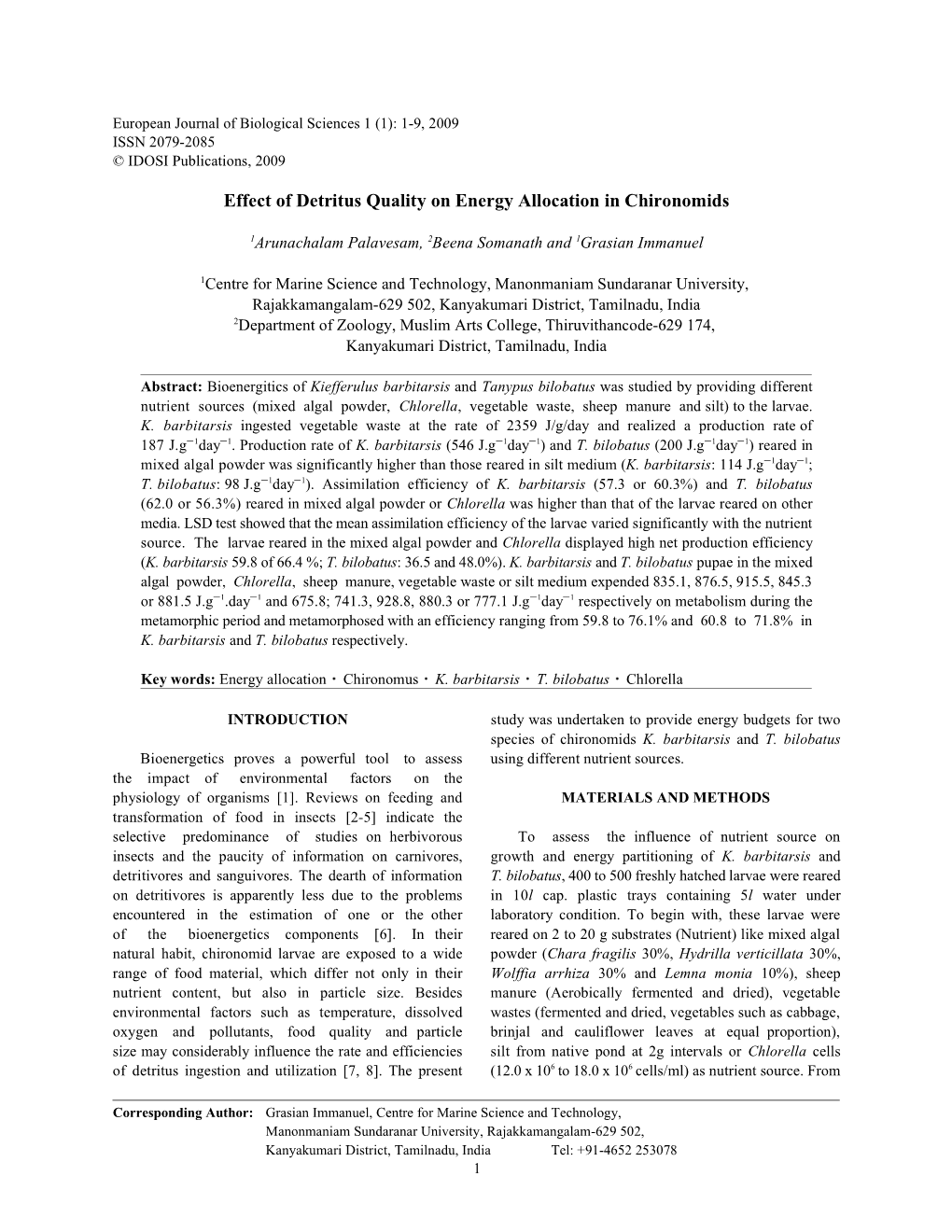 Effect of Detritus Quality on Energy Allocation in Chironomids