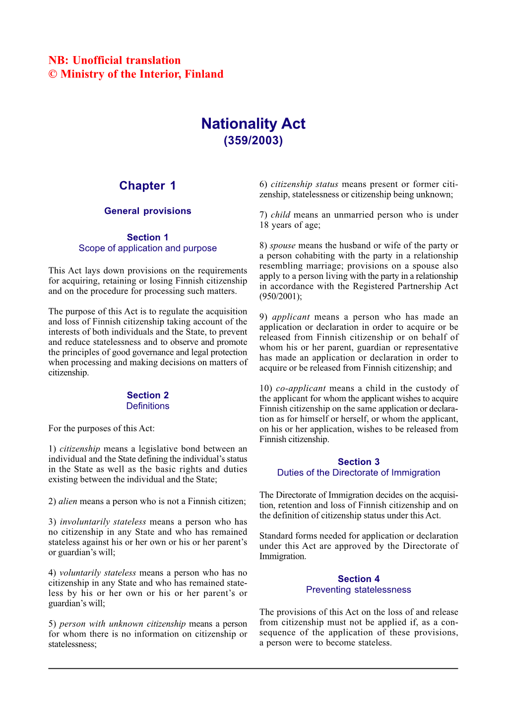 Nationality Act (359/2003)