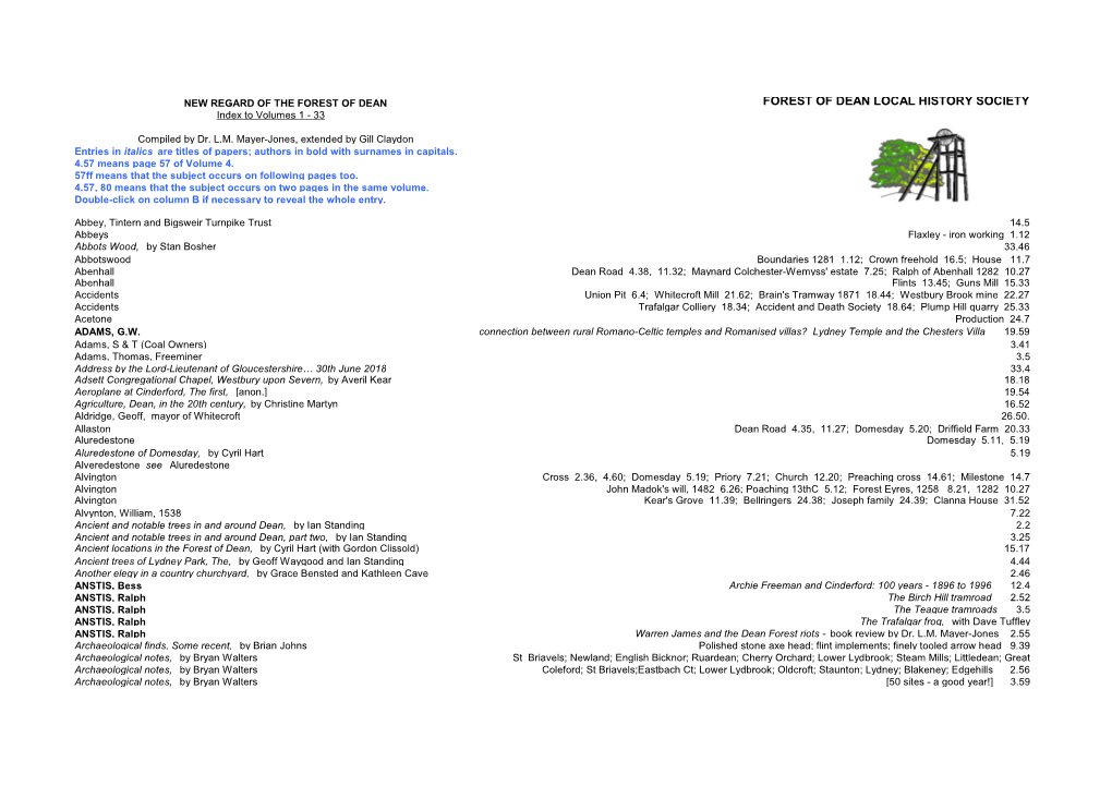 FOREST of DEAN LOCAL HISTORY SOCIETY Index to Volumes 1 - 33