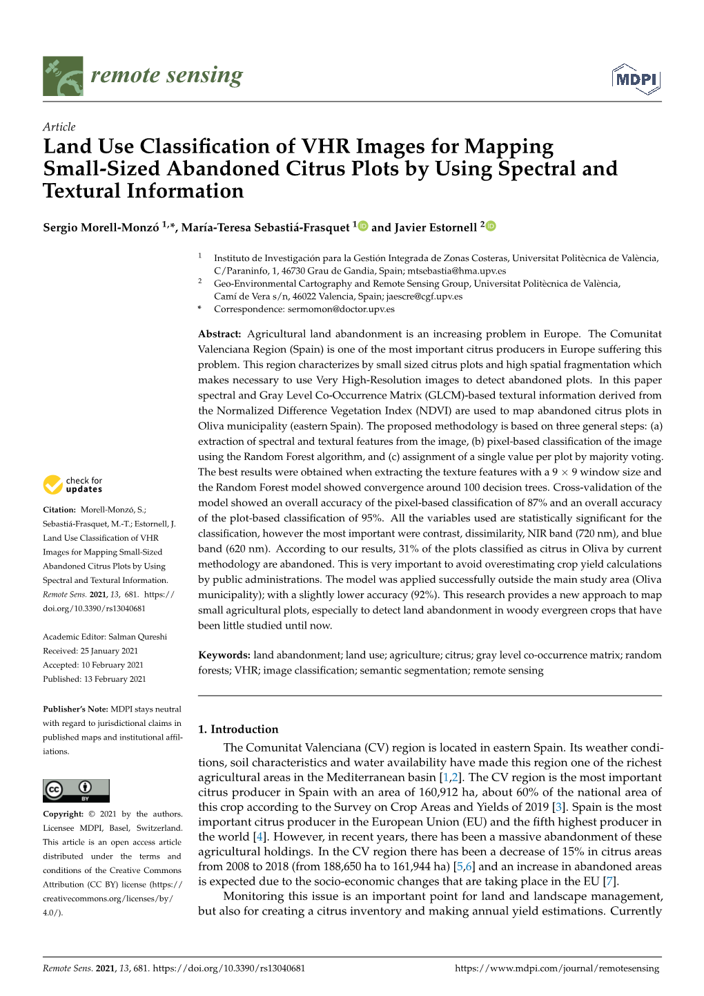 Land Use Classification of VHR Images for Mapping Small-Sized Abandoned Citrus Plots by Using Spectral and Textural Information