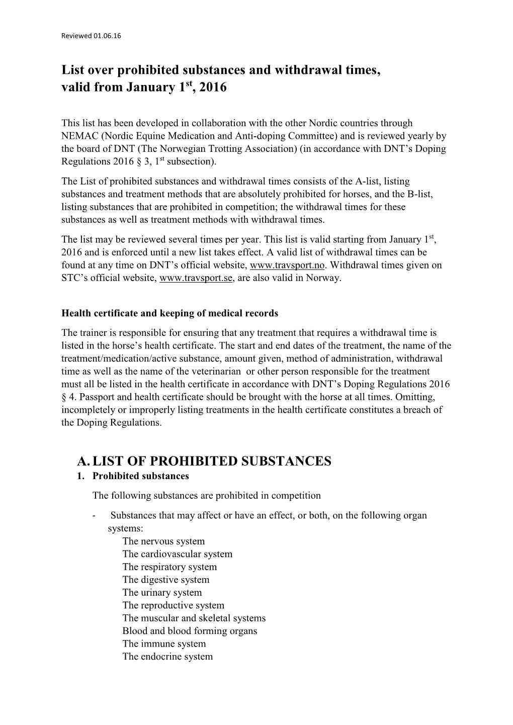 List Over Prohibited Substances and Withdrawal Times, Valid from January 1St, 2016 A. LIST of PROHIBITED SUBSTANCES