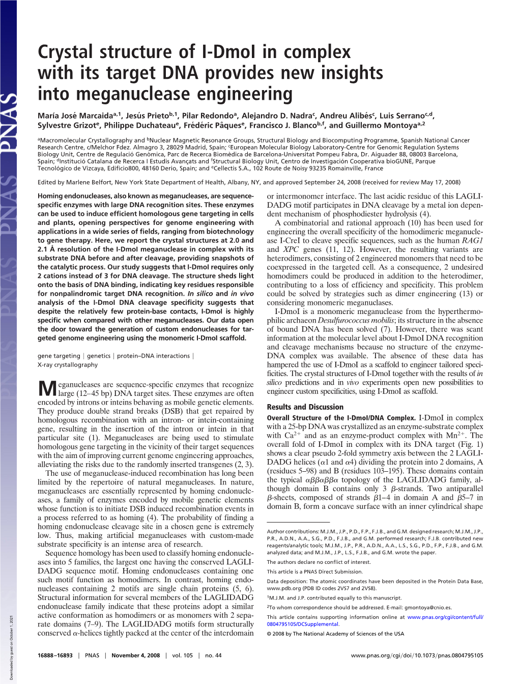 Crystal Structure of I-Dmoi in Complex with Its Target DNA Provides New Insights Into Meganuclease Engineering