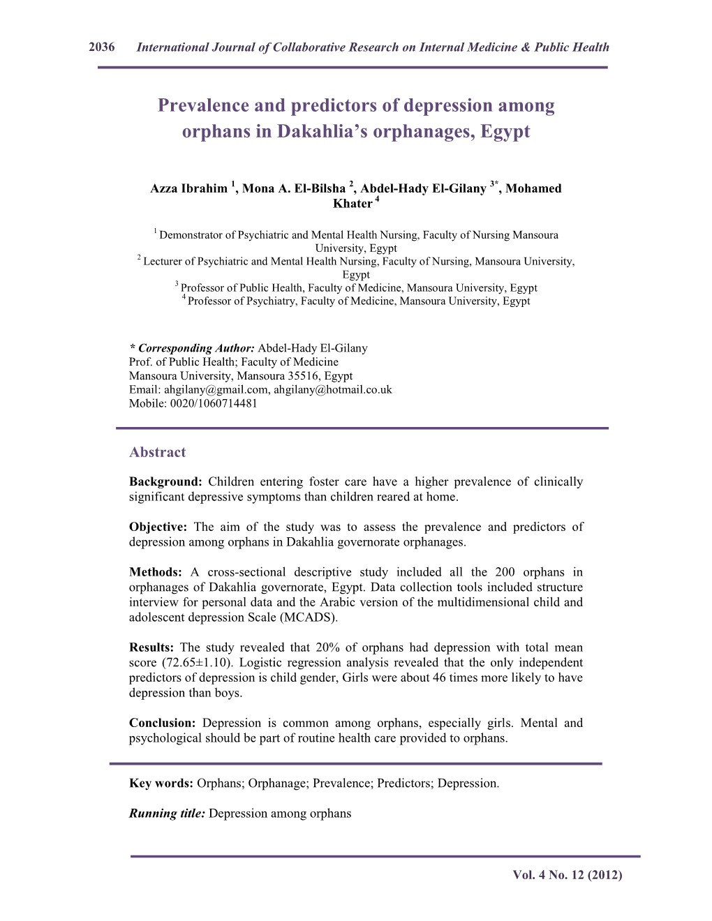 Prevalence and Predictors of Depression Among Orphans in Dakahlia’S Orphanages, Egypt