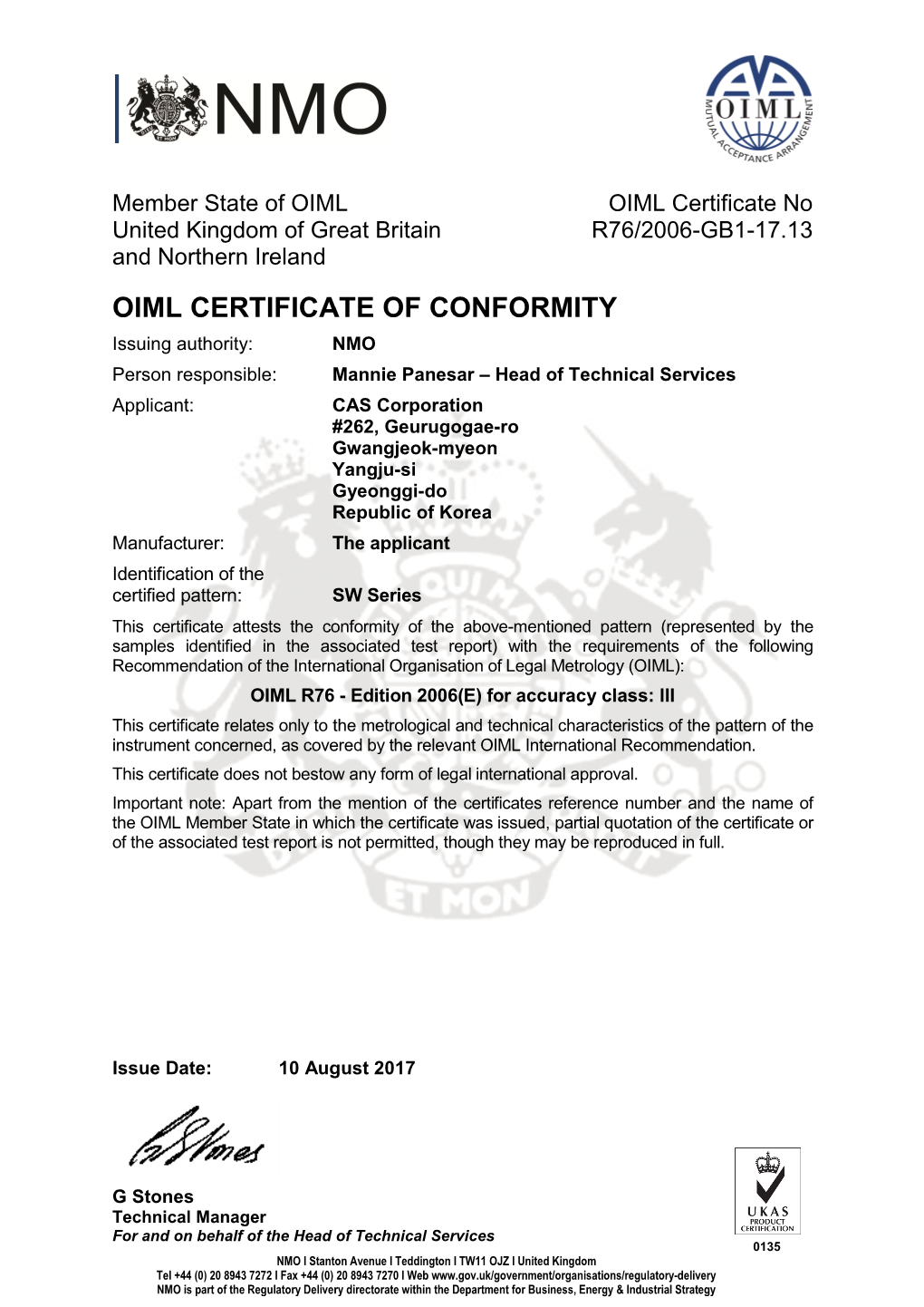 Oiml Certificate of Con Ertificate of Conformity