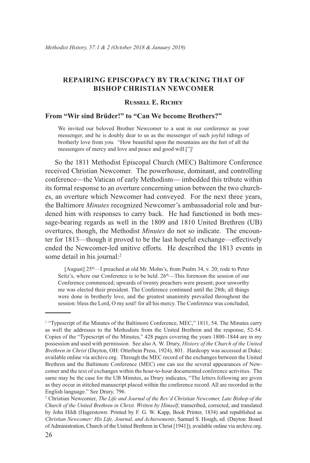 26 Repairing Episcopacy by Tracking That of Bishop Christian Newcomer Russell E. Richey from “Wir Sind Brüder!” to “Can W