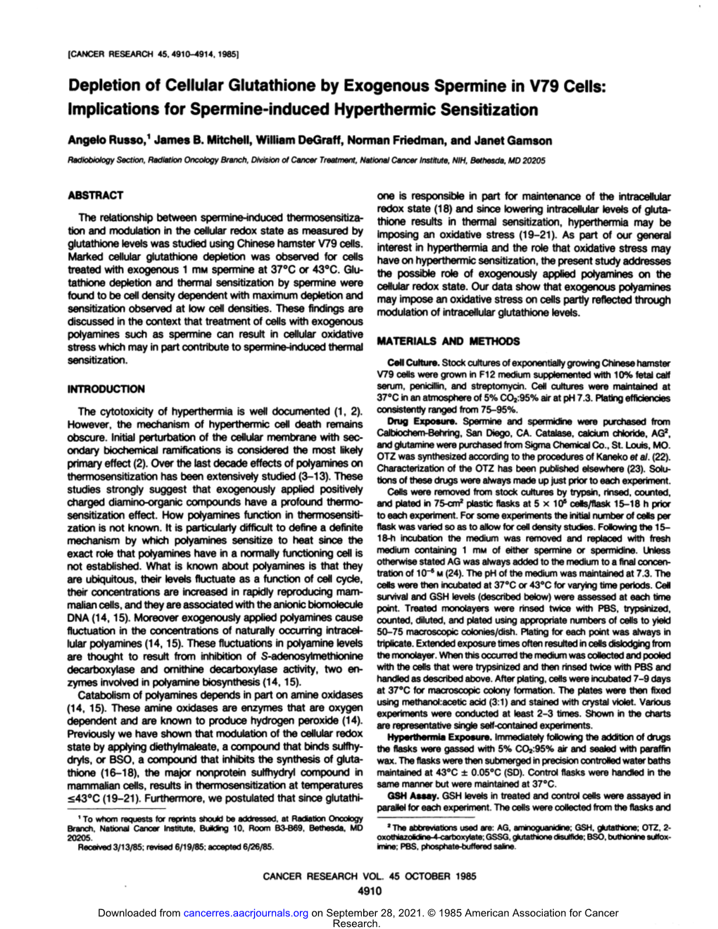 Depletion of Cellular Glutathione by Exogenous Spermine in V79 Cells: Implications for Spermine-Induced Hyperthermic Sensitization